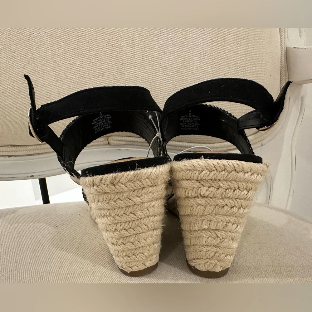 NWT Size 8 Stylish Black and Tan Wedge Raffia espadrille Sandals Shoes - Picture 7 of 11